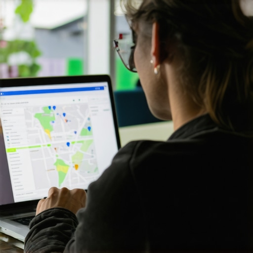 Business owner analyzing SEO data with Portland city map