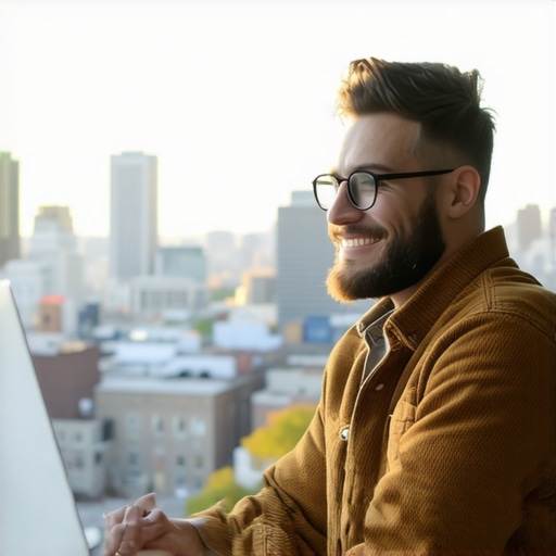 Portland Business Optimization Business owner optimizing GMB profile with Portland skyline