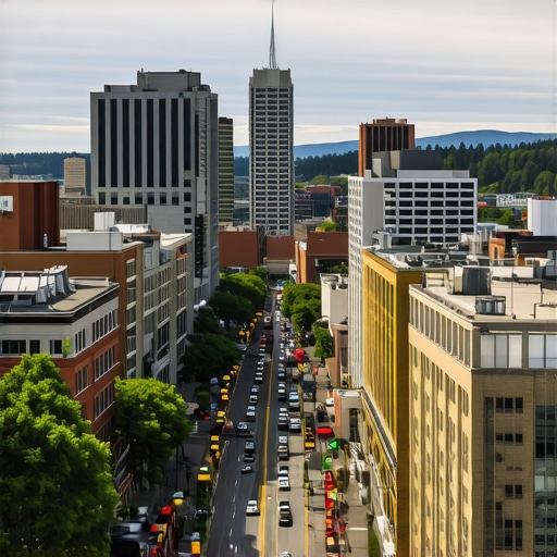 A captivating view of downtown Portland with iconic landmarks and bustling streets.