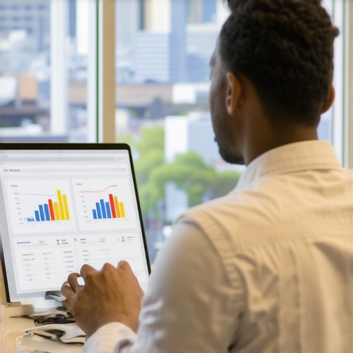 Business owner reviewing local SEO analytics with Portland cityscape