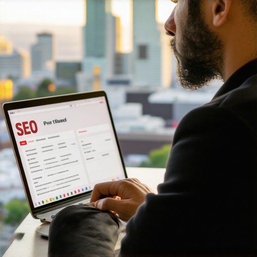Portland Local SEO Strategy Analysis SEO professional analyzing Portland search results on laptop with city skyline