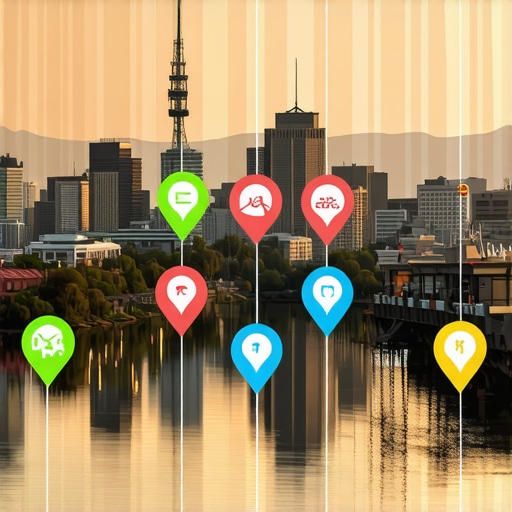 Portland city with icons representing local SEO and structured data.