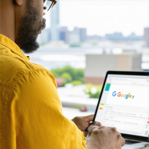 Optimizing GMB Profile in Portland Business owner working on Google My Business profile with Portland skyline in background.