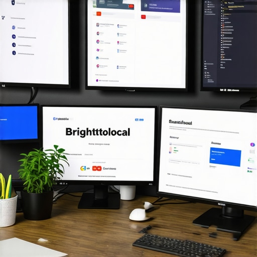 SEO Tools Setup for Portland Business A modern desk setup displaying SEO software dashboards for local Portland SEO management.