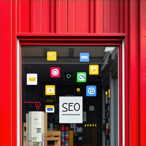 Portland storefront with digital marketing icons indicating local SEO success.