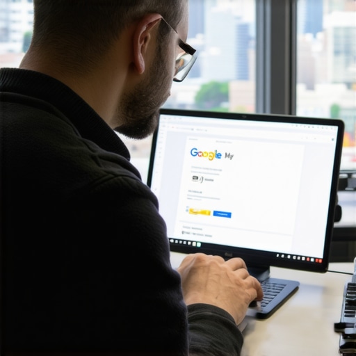 Business owner working on Google My Business profile with Portland skyline