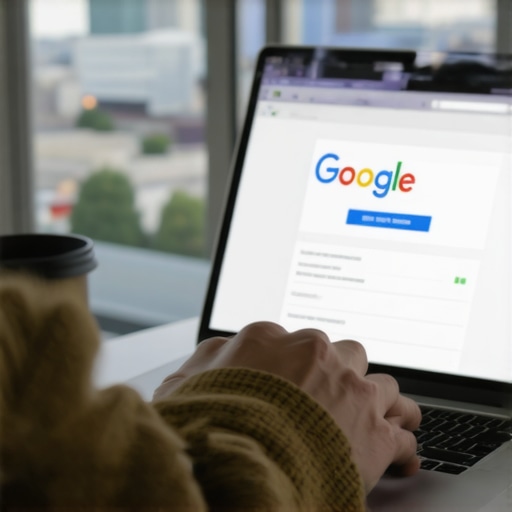 Person editing Google My Business profile on laptop with Portland cityscape