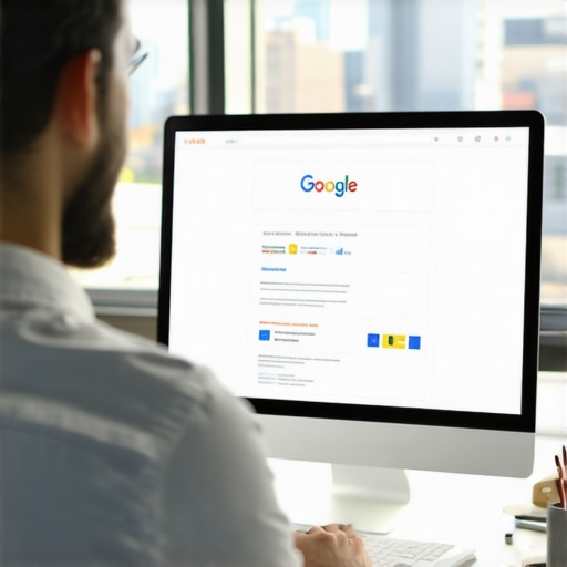 Portland business owner enhancing GMB profile on laptop with city skyline