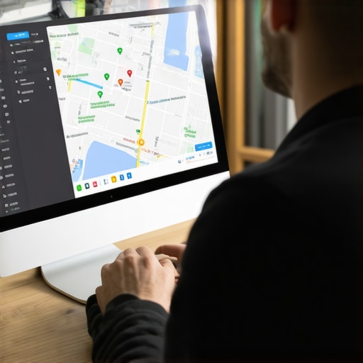 Business owner working on Google My Business profile on a computer with Google Maps open