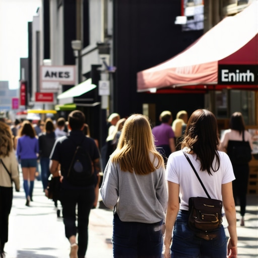 Portland Local Business District Vibrant Portland street scene with shopfronts and pedestrians