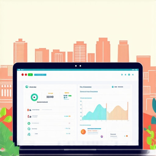 Portland Local SEO Tools Dashboard Laptop displaying local SEO analytics for Portland businesses with cityscape background.