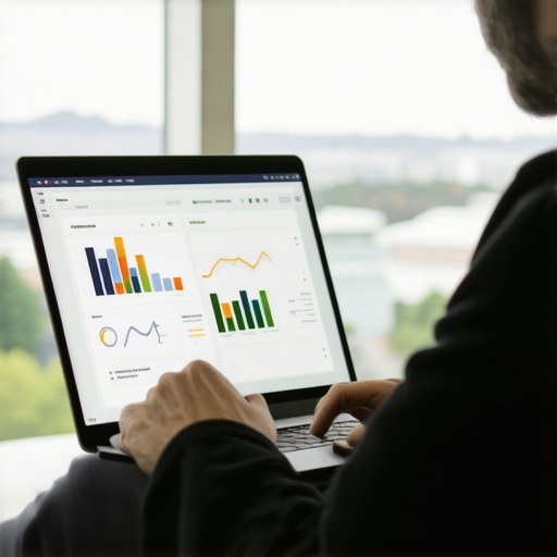 Person reviewing SEO analytics on a laptop with Portland skyline in background