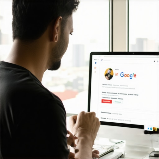 Business owner updating GMB profile with Portland cityscape in background.