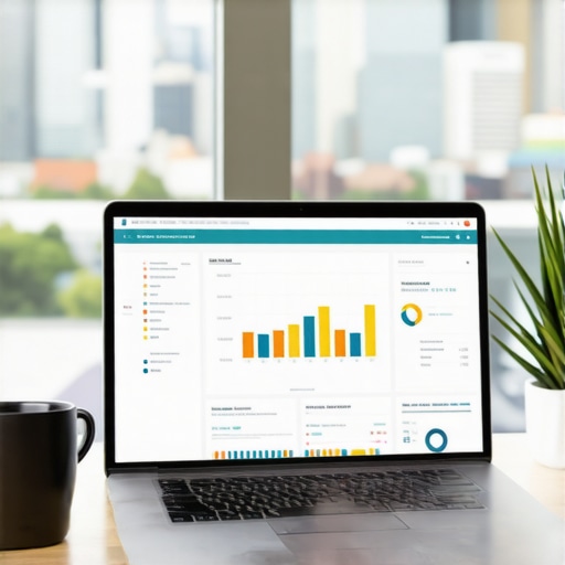 Portland SEO Tools in Action Laptop displaying SEO metrics with Portland skyline in the background