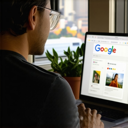 Portland shop owner working on Google My Business profile with city skyline