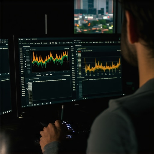 A person analyzing local SEO analytics on computer screens with Portland skyline in background.