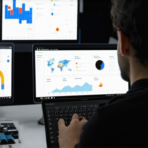Digital marketer working on local SEO analytics with charts and maps on screens