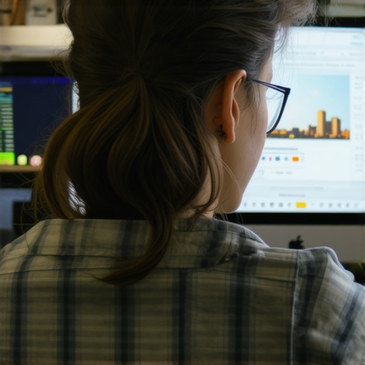 Digital marketer reviewing SEO dashboards with Portland skyline in background.