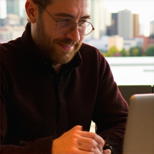 Business owner replying to customer review on laptop with Portland cityscape in background.