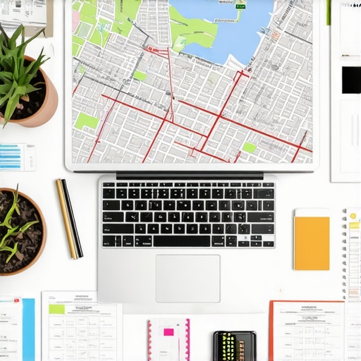 Workspace with SEO analytics tools and Portland city map for local map optimization