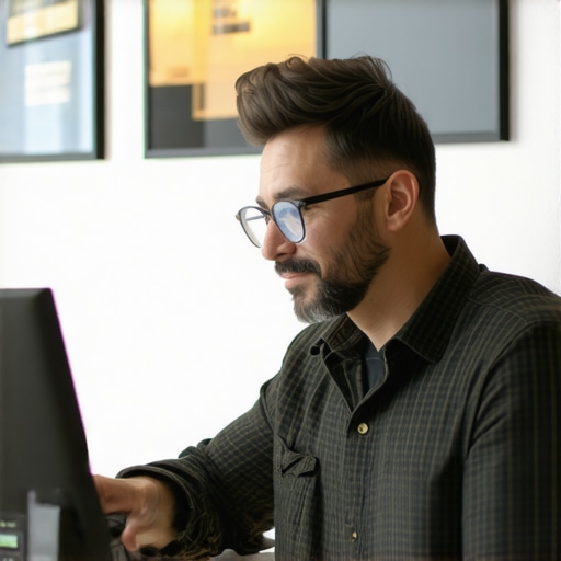 Business owner updating Google My Business profile on computer with city background.