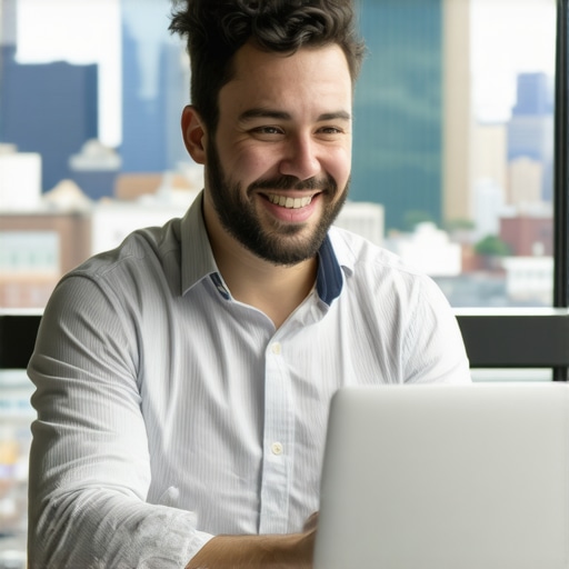 Small business owner updating Google My Business profile with Portland city skyline behind
