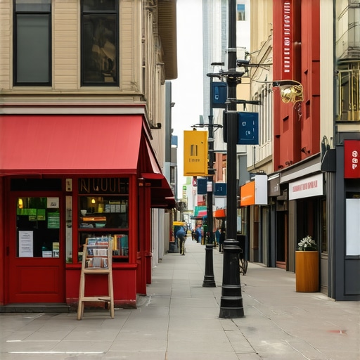 Vibrant Portland streets with local shops and banners, illustrating local SEO effort