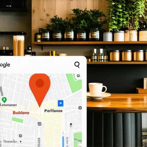 A cozy Portland coffee shop with a map pin icon indicating its location on Google Maps.