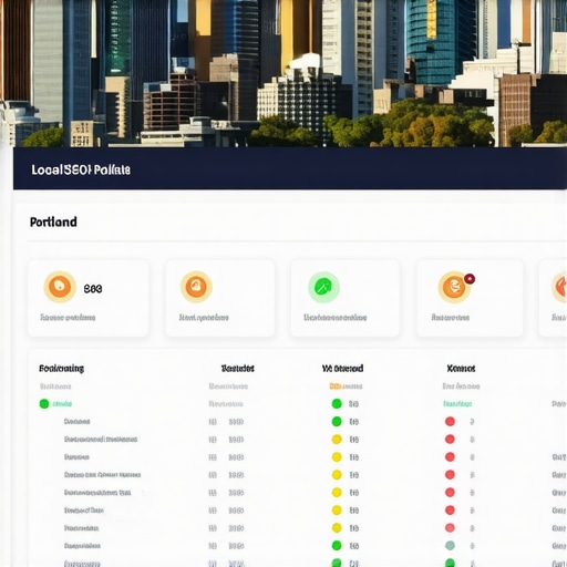 Screenshot of local SEO analytics tools with Portland landmarks in the background.