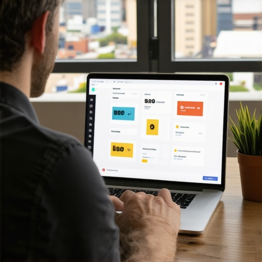Business owner managing Portland SEO with digital tools with cityscape background