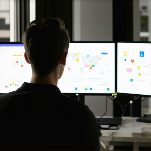 An SEO specialist analyzing local search data on multiple monitors.