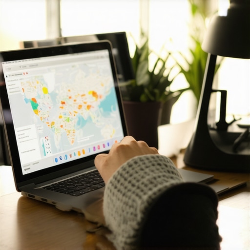 Person analyzing local Portland SEO data on a laptop with map analytics and review metrics.