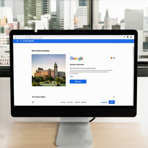 Business owner updating Google profile with Portland cityscape in background.