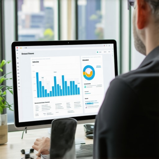 Business owner analyzing Portland SEO analytics on a laptop with cityscape background